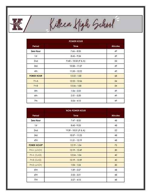 Bell Schedule School Hours KHS Bell Schedules